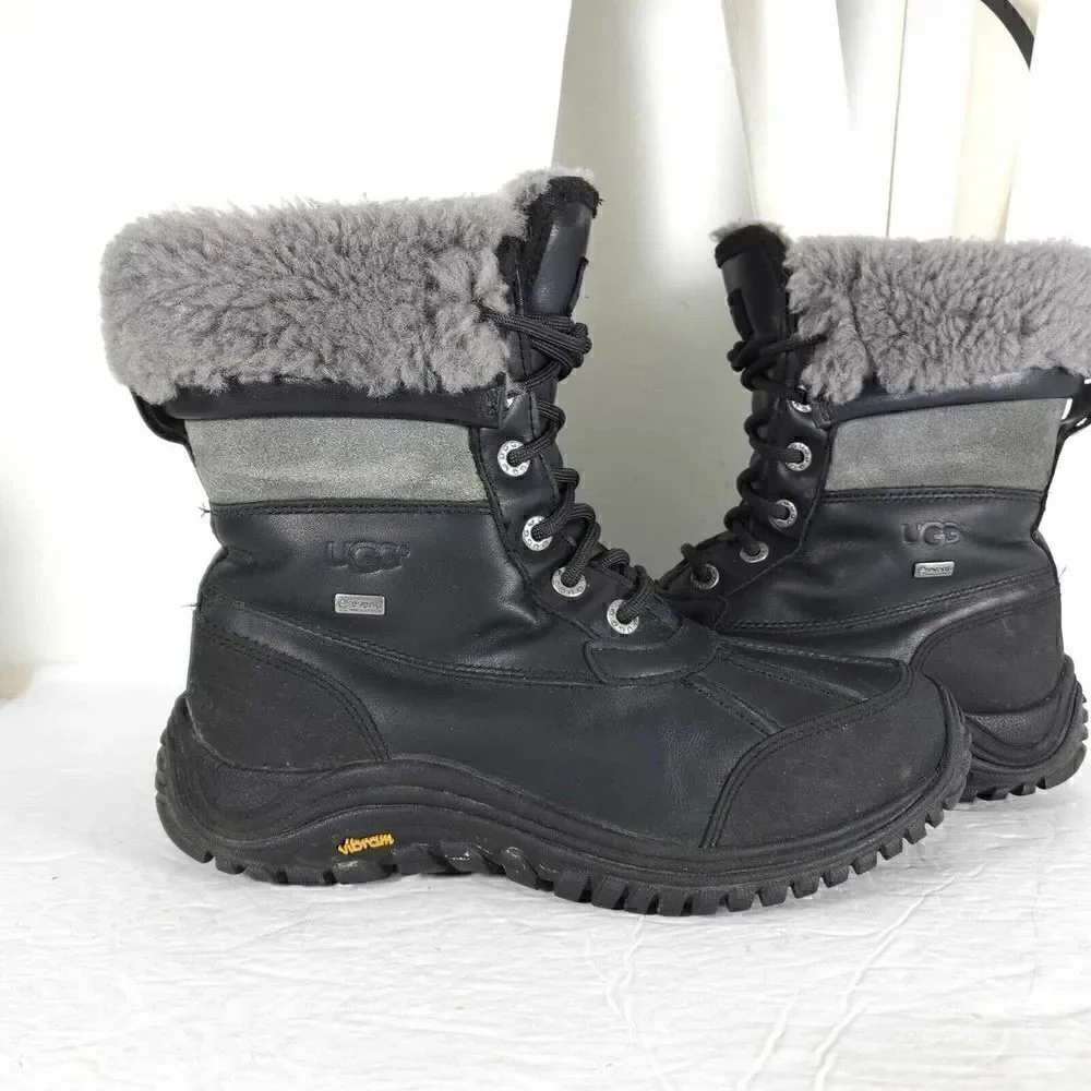 UGG Women's Adirondack Il US7 Black Leather Sheepskin Lace Up Winter Boots